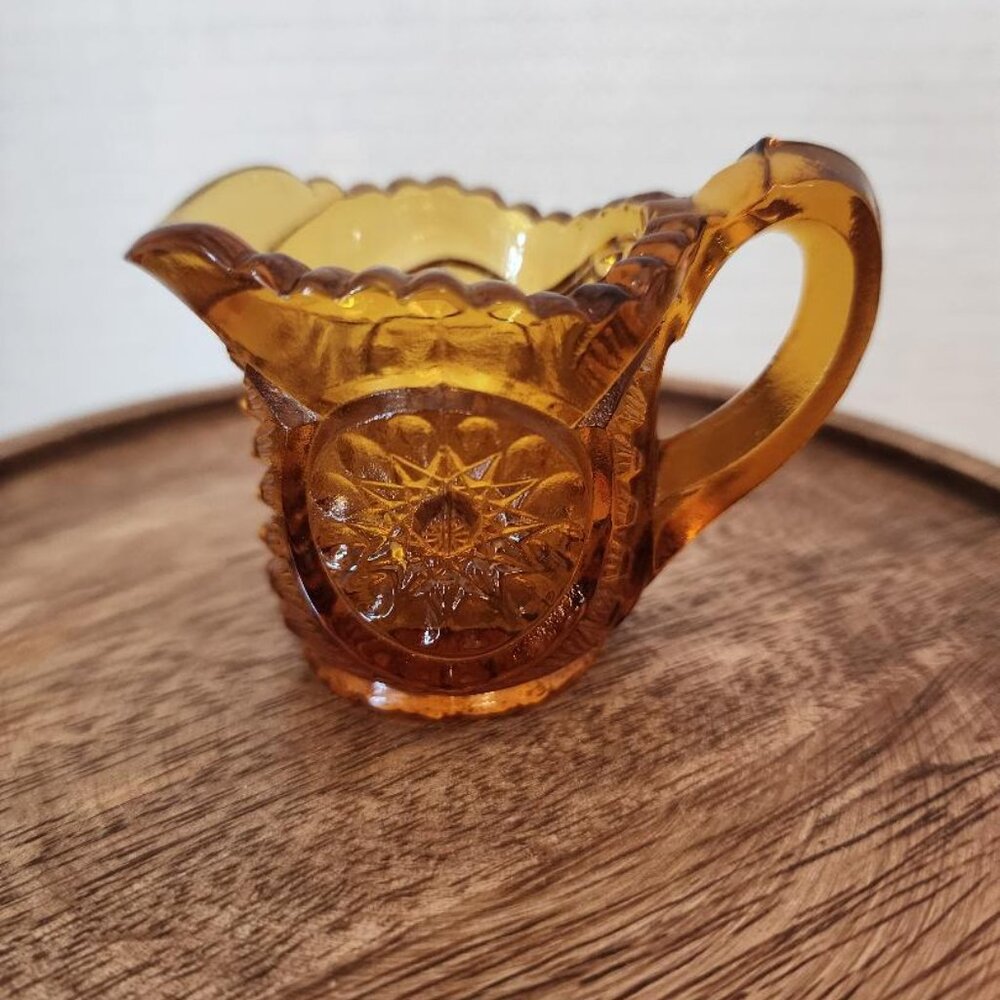 2" Antique Handle Pressed Glass Amber Toothpick Holder Mini Child Creamer